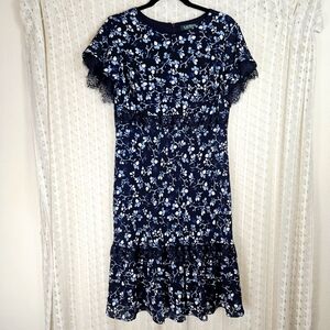 Ralph Lauren Floral Lace Navy Blue Ruffle Knee Length Dress Size 12
